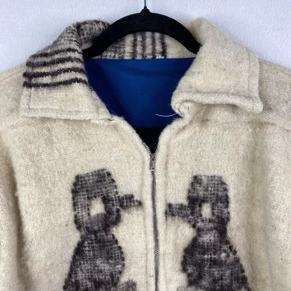 Vintage Cream Wool Knit Fringed Southwestern Birds Full Zip Jacket Coat - Picture 2 of 15
